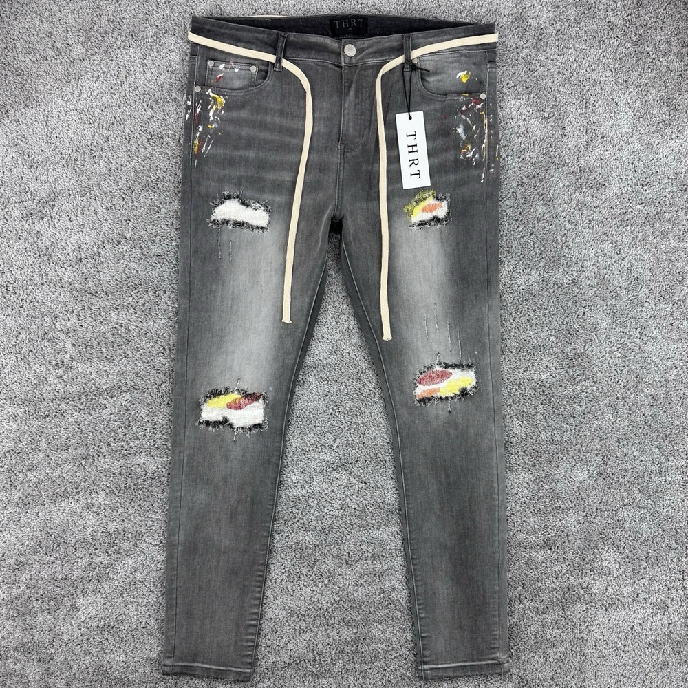 THRT Jeans Men's 40 Gray NWT Distressed Patchwork Belted Stretch Paint Splatter